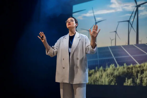 A speaker outlining the challenges of the transition to an audience